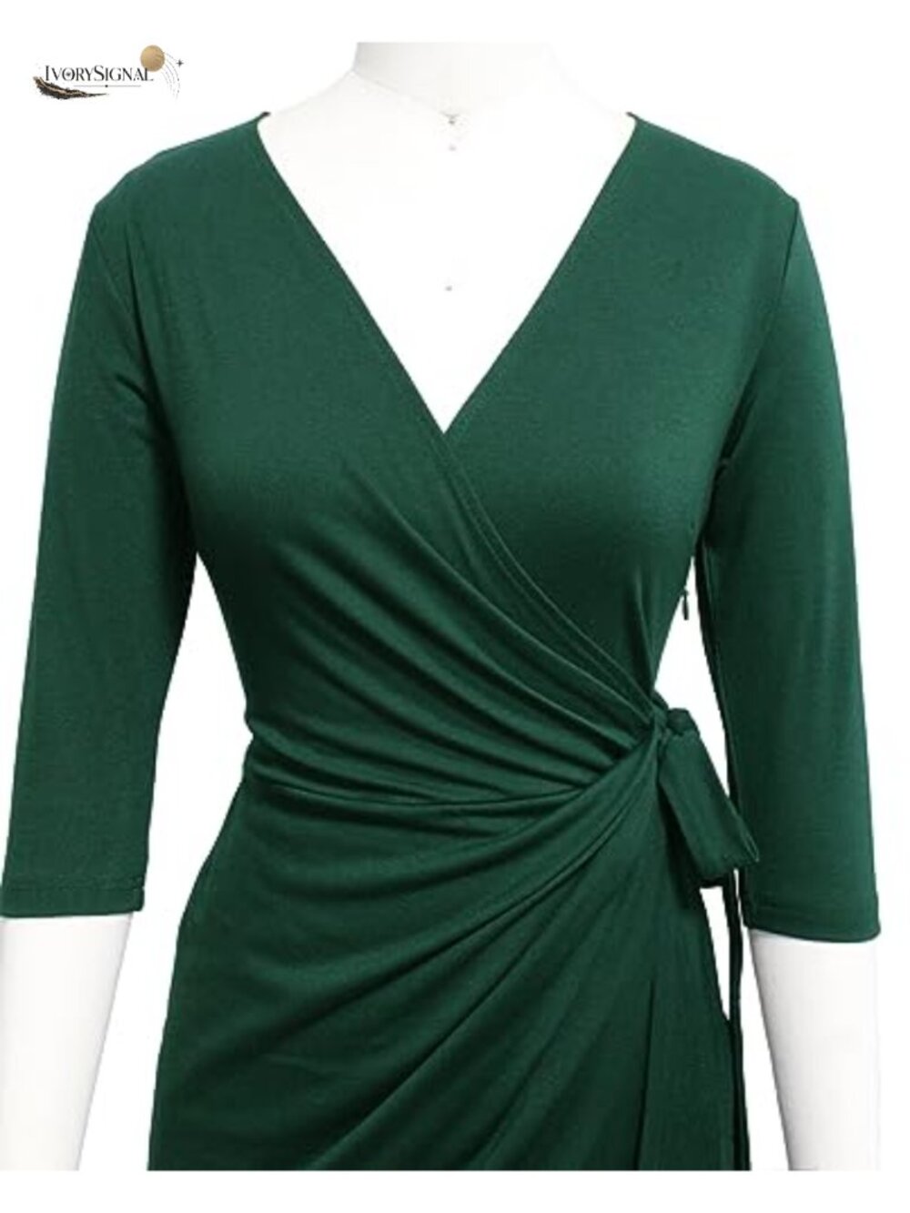 3/4 Sleeve V Neck Faux Wrap Dress, Cotton Blend, Knee-Length, Tulip Hem - Picture 2 of 5